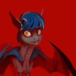 Size: 2160x2160 | Tagged: safe, artist:kiwwsplash, oc, oc only, species:bat pony, species:pony, g4, bat pony oc, bat wings, gritted teeth, red background, signature, simple background, solo, wings