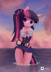 Size: 1000x1407 | Tagged: safe, artist:howxu, character:twilight sparkle, character:twilight sparkle (scitwi), species:anthro, species:eqg human, g4, adorasexy, clothing, colored pupils, cute, equestria girls outfit, female, glasses, looking at you, one-piece swimsuit, sexy, sexy egghead, solo, swimsuit, twiabetes, water