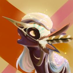 Size: 3507x3507 | Tagged: safe, artist:kiwwsplash, oc, oc only, species:earth pony, species:pony, g4, abstract background, bust, earth pony oc, feathered hat, open mouth, solo