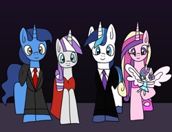 Size: 1280x985 | Tagged: safe, artist:platinumdrop, character:night light, character:princess cadance, character:princess flurry heart, character:shining armor, character:twilight velvet, g4, clothing, dress, request