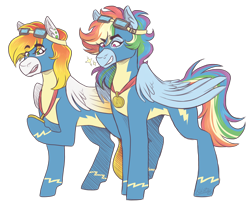 Size: 2700x2200 | Tagged: safe, artist:kikirdcz, character:rainbow dash, oc, oc:sun up, species:pegasus, species:pony, g4, alternate hairstyle, clothing, duo, ear fluff, ear piercing, earring, female, goggles, grin, hoof hold, jewelry, mare, medal, piercing, raised hoof, simple background, smiling, transparent background, uniform, wonderbolts, wonderbolts uniform