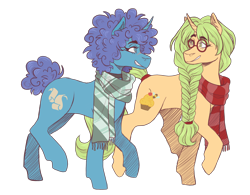 Size: 3400x2650 | Tagged: safe, artist:kikirdcz, oc, oc only, oc:cyanus blues, oc:honey nevaeh, species:pony, species:unicorn, g4, afro, choker, clothing, cutie mark, duo, female, glasses, hair tie, horn, looking at each other, mare, scar, scarf, simple background, tail wrap, transparent background