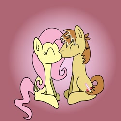 Size: 1280x1280 | Tagged: safe, artist:platinumdrop, character:feather bangs, character:fluttershy, ship:feathershy, g4, gradient background, kissing, request, shipping, simple background