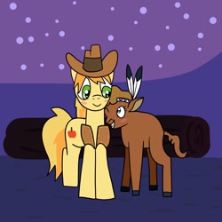 Size: 1280x1280 | Tagged: safe, artist:platinumdrop, character:braeburn, character:little strongheart, species:buffalo, species:earth pony, species:pony, ship:braeheart, g4, female, interspecies, male, night, request, shipping, straight