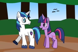 Size: 1280x854 | Tagged: safe, artist:platinumdrop, character:shining armor, character:twilight sparkle, character:twilight sparkle (unicorn), species:pony, species:unicorn, g4, brother and sister, female, looking at each other, male, mare, request, siblings, stallion, tree