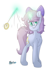 Size: 1500x2000 | Tagged: safe, artist:fluffyxai, oc, oc only, oc:swirly daze, g4, hypnosis, looking at you, pocket watch, simple background, smiling, smirk, solo, white background