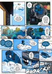 Size: 2480x3508 | Tagged: safe, artist:dsana, oc, oc:lullaby dusk, species:pegasus, species:pony, comic:a storm's lullaby, g4, bandaged leg, blown away, cloud, comic, female, filly, lying down, lying on a cloud, on a cloud, on back, plushie, questionable series, semi-grimdark series