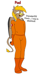 Size: 1531x3010 | Tagged: safe, alternate version, artist:moonatik, artist:str1ker878, edit, oc, oc only, oc:pad, species:anthro, species:griffon, g4, among us, beak, belt, blatant lies, boots, canadian flag, clothing, commission, embarrassed, gloves, griffon oc, impostor, knife, male, shoes, simple background, solo, space suit, suspicious, tail, transparent background, wings