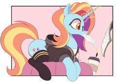 Size: 1200x813 | Tagged: safe, artist:ncmares, character:sassy saddles, species:pony, species:unicorn, g4, clothing, coffee, coffee cup, feather, glasses, magic aura, simple background, socks, solo, sweater, taking notes