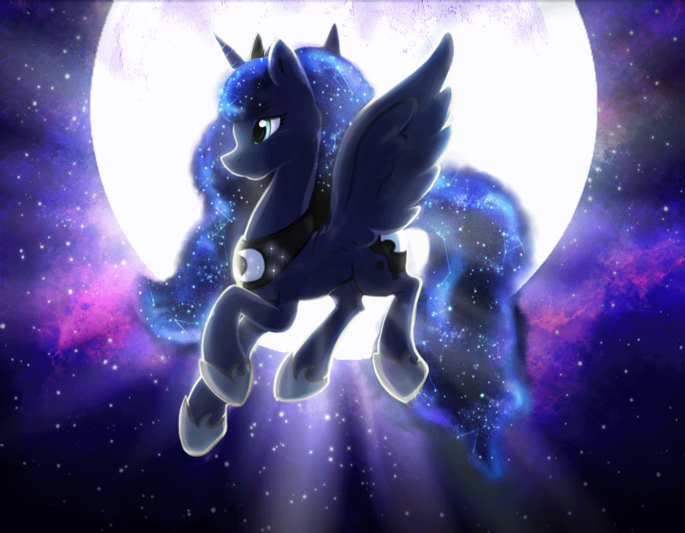Size: 1000x778 | Tagged: safe, artist:equum_amici, artist:fidzfox, artist:light262, artist:lummh, character:princess luna, species:alicorn, species:pony, g4, animated, cinemagraph, clothing, collaboration, crown, female, flying, hoof shoes, jewelry, mare, moon, necklace, peytral, profile, regalia, shoes, solo, spread wings, wings