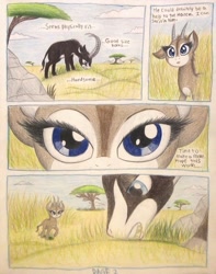 Size: 793x1007 | Tagged: safe, artist:thefriendlyelephant, oc, oc only, oc:sabe, oc:uganda, comic:sable story, acacia tree, africa, animal in mlp form, antelope, big eyes, cloven hooves, comic, duo, eyelashes, giant sable antelope, grass, grazing, hill, horns, mountain, rock, seductive, tall grass, traditional art, tree