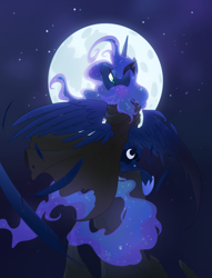 Size: 3900x5100 | Tagged: safe, artist:equestria-prevails, character:princess luna, species:alicorn, species:pony, absurd resolution, cloak, clothing, feather, female, moon, night, sitting, solo, stars