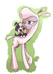 Size: 528x729 | Tagged: safe, artist:saturdaymorningproj, community related, character:pom lamb, species:sheep, them's fightin' herds, adorapom, cute, female, lamb, nuzzling, open mouth, puppy, raised hoof, riding, simple background, smiling, solo, tongue out, transparent background, wink