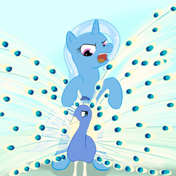 Size: 1000x1000 | Tagged: safe, artist:theparagon, character:trixie, species:pony, species:unicorn, annoyed, female, mare, peacock, pet, solo