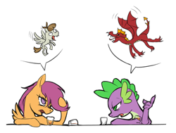 Size: 800x604 | Tagged: safe, artist:madhotaru, character:featherweight, character:garble, character:scootaloo, character:spike, species:dragon, species:pegasus, species:pony, alcohol, drunk, drunkaloo, drunker spike, female, filly, heartbreaking in hindsight, hilarious in hindsight, male, open mouth, scootaloo can't fly, simple background, spike can't fly, white background