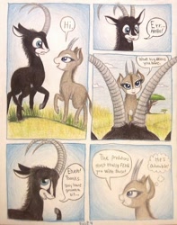 Size: 793x1008 | Tagged: safe, artist:thefriendlyelephant, oc, oc only, oc:sabe, oc:uganda, comic:sable story, acacia tree, africa, animal in mlp form, antelope, awkward moment, awkward smile, bashful, bedroom eyes, blushing, cloven hooves, comic, dialogue, duo, flirty, giant sable antelope, grass, hill, horns, savanna, speech bubble, surprised, thought bubble, traditional art