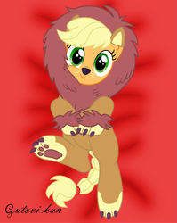 Size: 3229x4063 | Tagged: safe, artist:gutovi, character:applejack, episode:scare master, g4, my little pony: friendship is magic, absurd resolution, applelion, clothing, costume, cute, female, jackabetes, nightmare night, nightmare night costume, on back, solo
