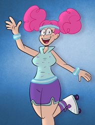 Size: 1530x2000 | Tagged: safe, artist:scobionicle99, character:pinkie pie, species:human, episode:scare master, g4, my little pony: friendship is magic, clothing, female, humanized, pinkie puffs, roller skates, shorts, socks, solo