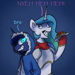 Size: 1200x1200 | Tagged: safe, artist:anticular, character:princess celestia, character:princess luna, species:alicorn, species:pony, ask sunshine and moonbeams, armor, clothing, comic sans, costume, derp, dialogue, duo, duo female, female, glowing eyes, grin, halloween, hood, hoodie, hoof hold, mare, nyeh heh heh, papyrus, papyrus (font), papyrus (undertale), sans (undertale), smiling, spaghetti, text, undertale, wide eyes