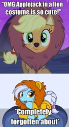 Size: 523x960 | Tagged: source needed, useless source url, safe, artist:theparagon, character:applejack, episode:scare master, g4, my little pony: friendship is magic, applelion, big cat, clothing, costume, image macro, leo, lion, meme, ponyscopes