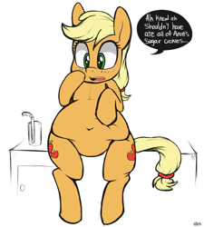 Size: 810x900 | Tagged: safe, artist:higgly-chan, edit, character:applejack, applefat, belly, belly button, chubby, cute, fat, female, implied anon, jackabetes, solo, weight gain