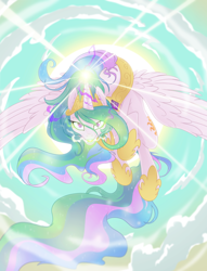 Size: 3900x5100 | Tagged: safe, artist:equestria-prevails, character:princess celestia, species:alicorn, species:pony, backlighting, crepuscular rays, dark magic, epic, female, flying, glowing eyes, magic, solo, sun