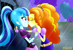 Size: 2338x1622 | Tagged: safe, artist:dieart77, character:adagio dazzle, character:sonata dusk, ship:sonagio, my little pony:equestria girls, blushing, clothing, commission, eyes closed, female, fingerless gloves, gloves, kissing, lesbian, night sky, rain, shipping, signature