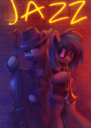 Size: 1024x1440 | Tagged: safe, artist:anticular, character:dj pon-3, character:octavia melody, character:vinyl scratch, species:earth pony, species:pony, species:unicorn, bipedal, cello, clothing, duo, duo female, female, hat, jazz, mare, musical instrument, neon, neon sign, trumpet