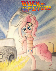 Size: 794x1007 | Tagged: safe, artist:thefriendlyelephant, character:pinkie pie, species:earth pony, species:pony, episode:what about discord?, g4, my little pony: friendship is magic, back to the future, clothing, crossover, delorean, female, fire, lamppost, pinkie mcpie, solo, sunglasses, time machine, traditional art, vehicle, vest, watch, wires