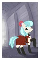Size: 800x1200 | Tagged: safe, artist:warskunk, character:coco pommel, bedroom eyes, choker, city, clothing, dress, female, looking at you, raised hoof, red dress, solo, stockings