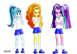 Size: 2338x1655 | Tagged: safe, artist:dieart77, character:adagio dazzle, character:aria blaze, character:sonata dusk, my little pony:equestria girls, clothing, commission, crossed arms, gym uniform, open mouth, shoes, shorts, signature, sneakers, the dazzlings