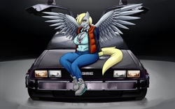 Size: 1280x800 | Tagged: safe, artist:amaraburrger, character:derpy hooves, species:anthro, back to the future, back to the future part 2, breasts, busty derpy hooves, cleavage, clothing, cosplay, costume, delorean, female, looking at you, solo, spread wings, wings
