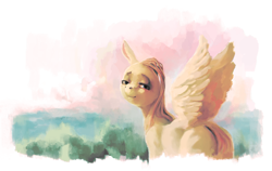 Size: 2516x1589 | Tagged: safe, artist:sharpieboss, character:fluttershy, female, looking back, solo, spread wings, uncanny valley, wings