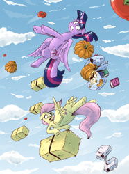 Size: 1191x1597 | Tagged: safe, artist:saturdaymorningproj, character:fluttershy, character:twilight sparkle, character:twilight sparkle (alicorn), species:alicorn, species:pony, episode:the hooffields and mccolts, g4, my little pony: friendship is magic, bag, book, dodge, duo, female, food, fruit, hay bale, mare, open mouth, pumpkin, scene interpretation, tomato