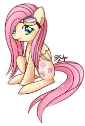 Size: 882x1310 | Tagged: safe, artist:solar-slash, character:fluttershy, species:pegasus, species:pony, female, goggles, mare, raised hoof, simple background, sitting, smiling, solo, transparent background, wet mane