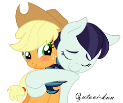 Size: 1988x1667 | Tagged: safe, artist:gutovi, character:applejack, character:coloratura, ship:rarajack, episode:the mane attraction, g4, my little pony: friendship is magic, blushing, clothing, cowboy hat, eyes closed, female, freckles, hat, hug, lesbian, rara, shipping, signature, stetson, that was fast, trace
