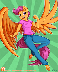Size: 914x1137 | Tagged: safe, artist:sorcerushorserus, character:scootaloo, species:anthro, species:pegasus, species:unguligrade anthro, g4, abstract background, clothing, colored hooves, commission, female, green background, happy, hooves, jeans, looking at you, mare, midriff, older, older scootaloo, open mouth, open smile, pants, patreon, patreon logo, shirt, signature, simple background, smiling, solo, sunburst background, the dashies, three quarter view, wings