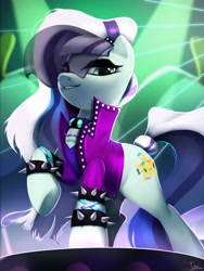 Size: 2500x3333 | Tagged: safe, artist:imalou, character:coloratura, character:countess coloratura, species:earth pony, species:pony, episode:the mane attraction, g4, my little pony: friendship is magic, bracelet, female, grin, jewelry, laser, looking at you, mare, raised hoof, solo, spiked wristband, studded bracelet, that was fast, the spectacle, wristband