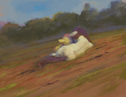 Size: 4000x3074 | Tagged: safe, artist:sharpieboss, character:fluttershy, character:rarity, ship:rarishy, eyes closed, female, field, lesbian, lying down, on side, painterly, prone, semi-anthro, shipping