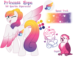Size: 900x700 | Tagged: safe, artist:faith-wolff, oc, oc only, oc:cupid, oc:mi querida esperanza, parent:princess cadance, parent:shining armor, parents:shiningcadance, species:bird, species:pegasus, species:pony, faithverse, colored wings, colored wingtips, gradient hair, gradient wings, looking back, lovebird, next generation, offspring, one eye closed, pet, pet oc, raised hoof, reference sheet, speed trail
