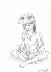 Size: 1732x2460 | Tagged: safe, artist:saturdaymorningproj, character:twilight sparkle, species:human, barefoot, book, clothing, feet, female, humanized, monochrome, off shoulder, reading, sitting, solo, traditional art