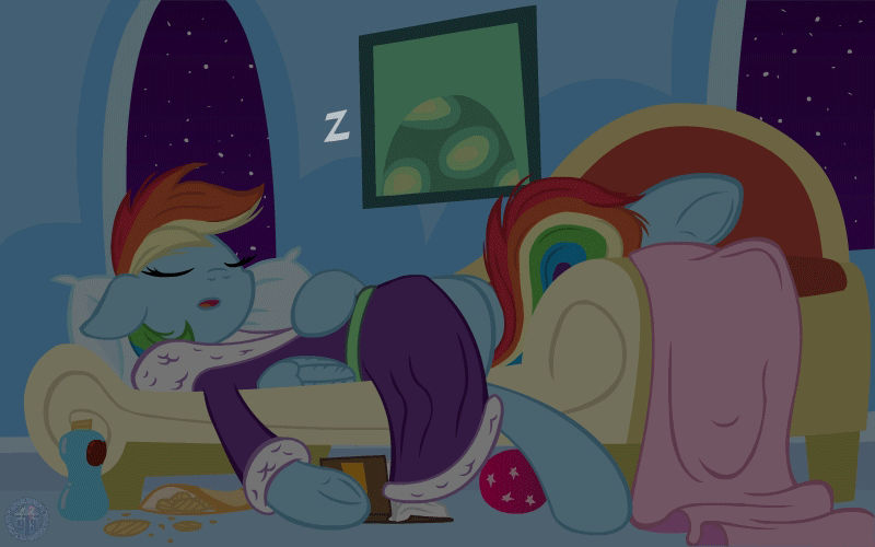 Size: 800x500 | Tagged: safe, artist:template93, character:rainbow dash, character:tank, species:pegasus, species:pony, animated, bathrobe, blanket, clothing, couch, eyes closed, female, mare, messy, night, on back, open mouth, patreon, pillow, robe, sleeping, snacks, solo, underhoof, z, zzz