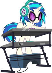 Size: 673x934 | Tagged: safe, artist:punzil504, character:dj pon-3, character:vinyl scratch, species:pony, species:unicorn, bipedal, female, hooves, horn, mare, mixing console, simple background, smiling, solo, sunglasses, transparent background, vector