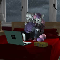 Size: 2500x2500 | Tagged: safe, artist:tahublade7, character:silver spoon, character:sweetie belle, species:anthro, species:plantigrade anthro, ship:silverbelle, 3d, bed, box, clothing, computer, crackers, daz studio, feet, female, food, hug, laptop computer, lesbian, overalls, pants, shipping, snow, snowfall, socks, sweater