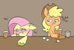 Size: 852x576 | Tagged: safe, artist:typhwosion, character:applejack, character:fluttershy, species:earth pony, species:pegasus, species:pony, drunk, drunkershy, duo, female, mare