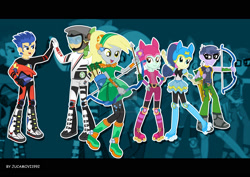 Size: 1600x1131 | Tagged: safe, artist:jucamovi1992, character:bon bon, character:derpy hooves, character:flash sentry, character:lyra heartstrings, character:microchips, character:sandalwood, character:sweetie drops, equestria girls:friendship games, g4, my little pony: equestria girls, my little pony:equestria girls, archery, archery clothes, arrow, bow (weapon), female, male, motorcross, motorcross outfit, outfit, roller skates, wondercolts