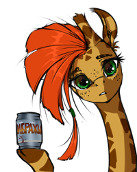 Size: 2000x2500 | Tagged: safe, artist:madhotaru, oc, oc only, oc:twiggy, can, cyrillic, drink, giraffe, looking at you, meme, russian, simple background, solo, transparent background