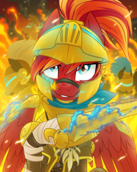 Size: 1600x2000 | Tagged: safe, artist:equestria-prevails, oc, oc only, oc:fire strike, species:pegasus, species:pony, armor, awesome, fire, helmet, hoof blades, hud