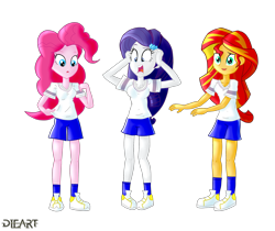 Size: 2330x1960 | Tagged: safe, artist:dieart77, character:pinkie pie, character:rarity, character:sunset shimmer, my little pony:equestria girls, cleavage, clothing, female, gym uniform, shoes, simple background, sneakers, transparent background
