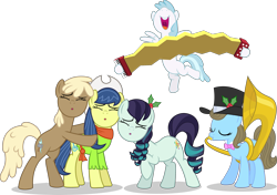 Size: 3071x2166 | Tagged: safe, artist:punzil504, character:beauty brass, character:coloratura, character:cotton cloudy, character:fiddlesticks, character:mjölna, accordion, apple family member, clothing, eyes closed, hat, holly, hug, musical instrument, rara, top hat, tuba